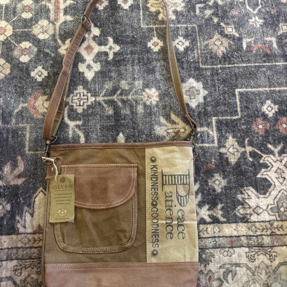 Clea Ray Crossbody Bag Womens Medium Brown Canvas Leather Peace Kindness Quote